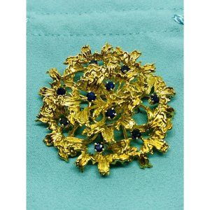 Huge Tiffany & Co. 18K Yellow Gold & Sapphires Flower Brooch Pin 52.5MM 1.4 TCW